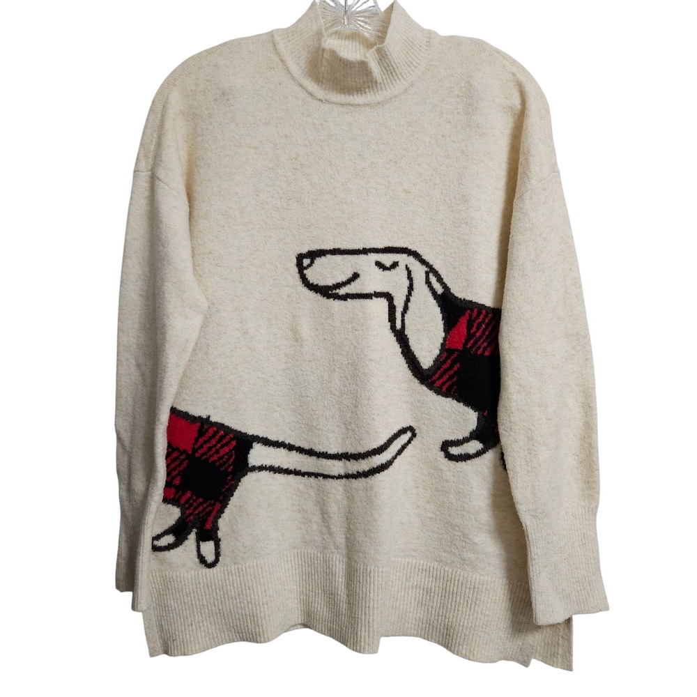 LOFT Sweater Womens Medium Cream‎ Dachshund Dog Buffalo Plaid Mock Neck Pullover